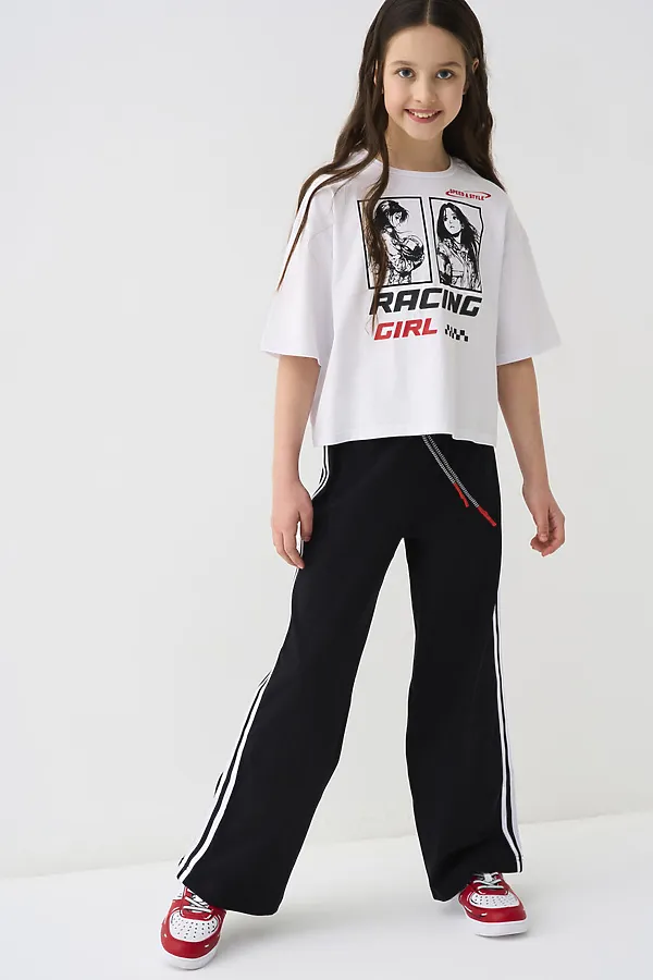 Комплект трикотажный для девочек: фуфайка (футболка), брюки PLAYTODAY, белый,черный - фото 1