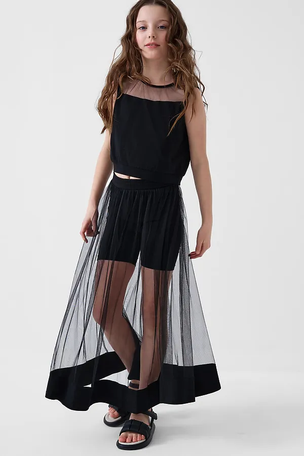 Комплект трикотажный для девочек: фуфайка (футболка), юбка-шорты PLAYTODAY, черный - фото 1