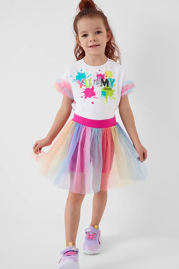 Комплект трикотажный для девочек: джемпер (футболка), юбка-шорты PLAYTODAY, разноцветный - фото 1