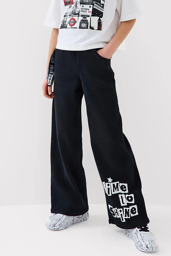 Брюки текстильные джинсовые для девочек PLAYTODAY, черный - фото 1