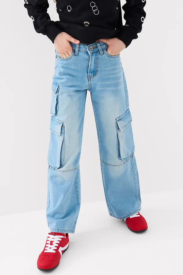 Брюки текстильные джинсовые для девочек PLAYTODAY, синий - фото 1