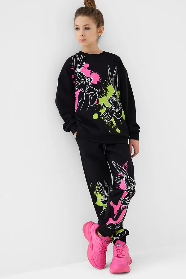 Комплект трикотажный для девочек: толстовка, брюки PLAYTODAY, черный,розовый,светло-зеленый - фото 1
