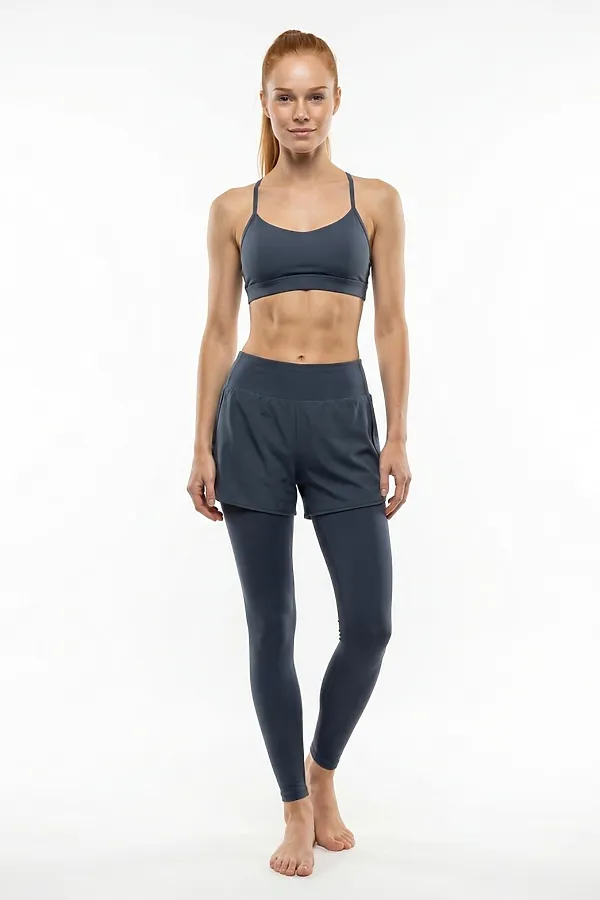 Легинсы женские с шортами 2 в 1 с высокой посадкой темно-зеленого цвета MTFORCE, темно-зеленый - фото 1