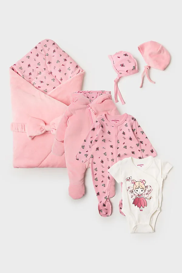 Комплект детский трикотажный для девочек: конверт-одеяло, комбинезон – 2 шт, боди, чепчик, шапочка PLAYTODAY, разноцветный - фото 1