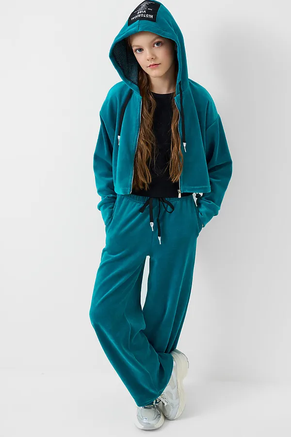 Комплект трикотажный для девочек: толстовка, брюки PLAYTODAY, бирюзовый - фото 1