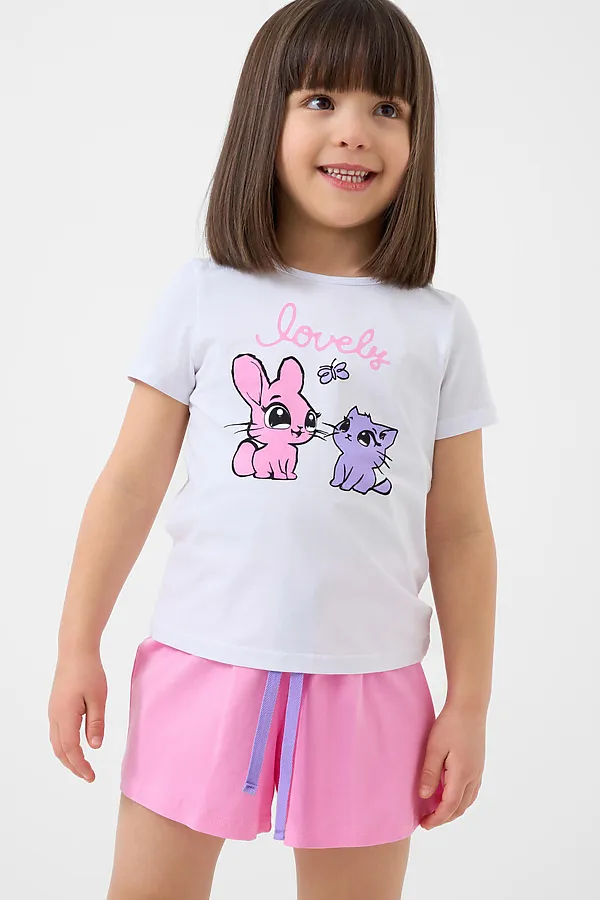 Пижама текстильная для девочек PLAYTODAY, белый,розовый - фото 1
