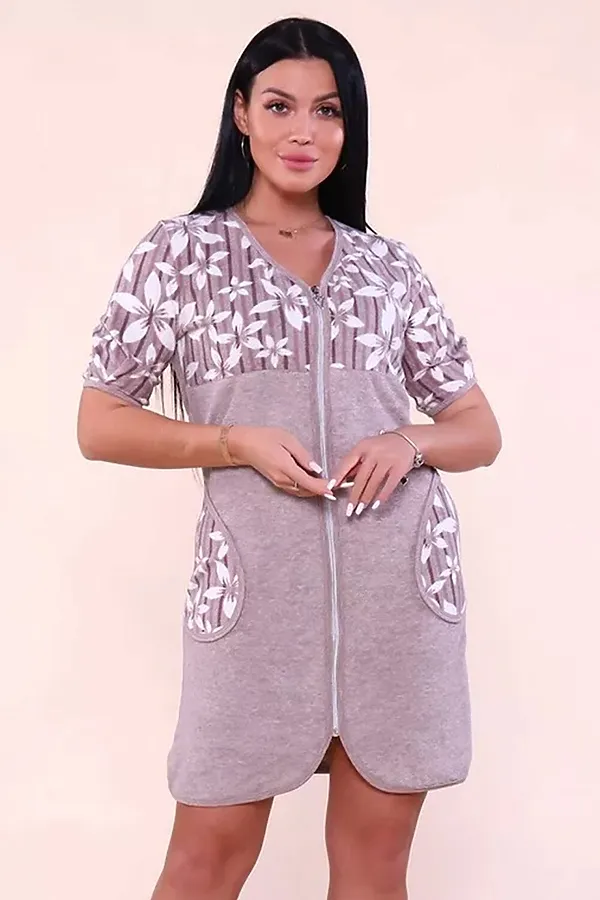 Халат 503 махровый Цветы НАТАЛИ, кофе - фото 1