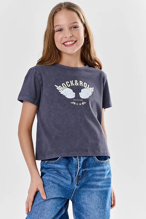 Футболка для девочек MARK FORMELLE, acid wash обсидиан +печать - фото 1