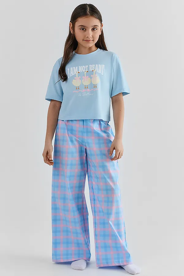 Комплект для девочек (футболка, брюки) MARK FORMELLE, голубой +розово -голубая клетка - фото 1