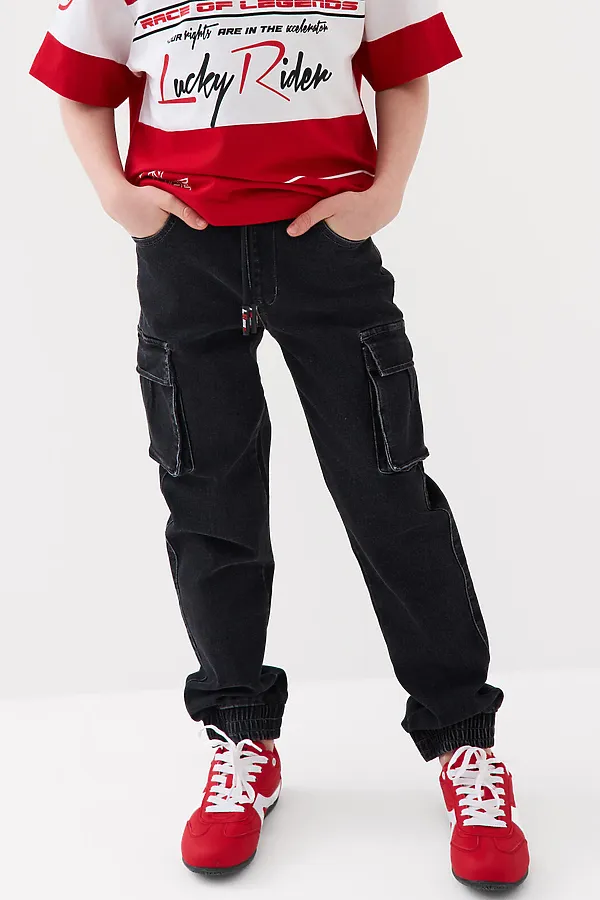 Брюки текстильные джинсовые для мальчиков PLAYTODAY, черный - фото 1