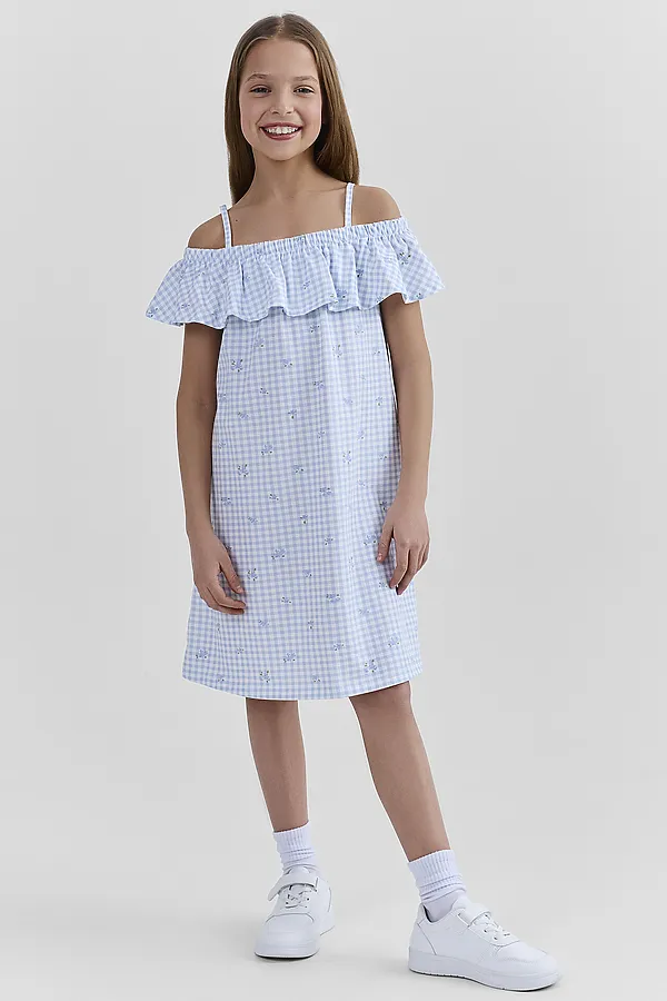 Сарафан для девочек MARK FORMELLE, цветы на голубой клетке - фото 1