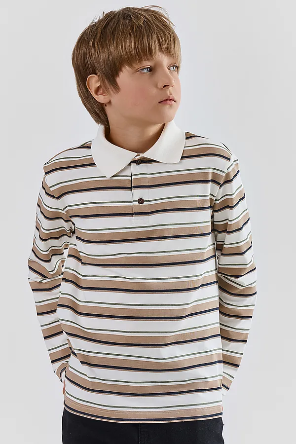 Поло для мальчиков MARK FORMELLE, бежевая полоска на св.молочном - фото 1