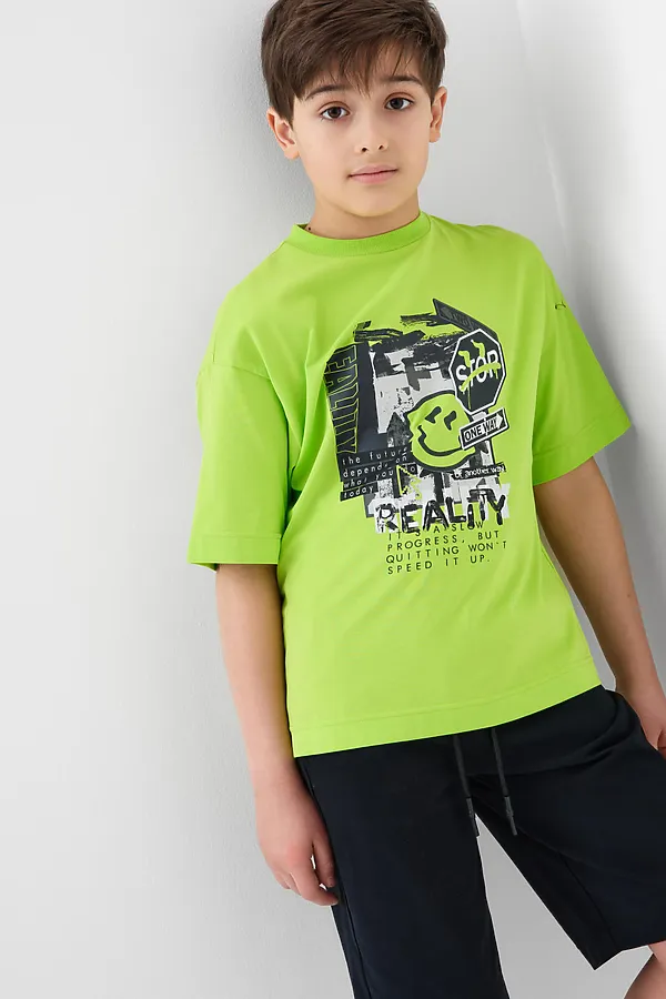 Комплект трикотажный для мальчиков: фуфайка (футболка), шорты PLAYTODAY, черный,светло-зеленый - фото 1