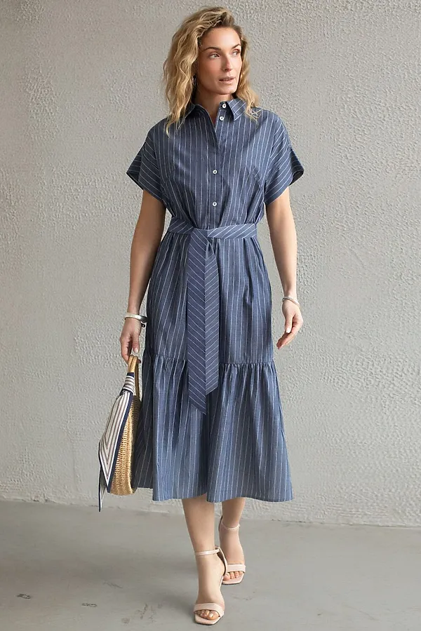 Платье в полоску А-силуэта с поясом из легкого хлопкового поплина VILATTE, серо-синий - фото 1