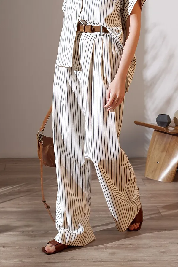 Брюки палаццо в полоску из легкого хлопкового поплина VILATTE, молочный-синий - фото 1