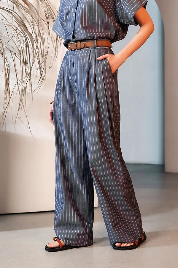 Брюки палаццо в полоску из легкого хлопкового поплина VILATTE, серо-синий - фото 1