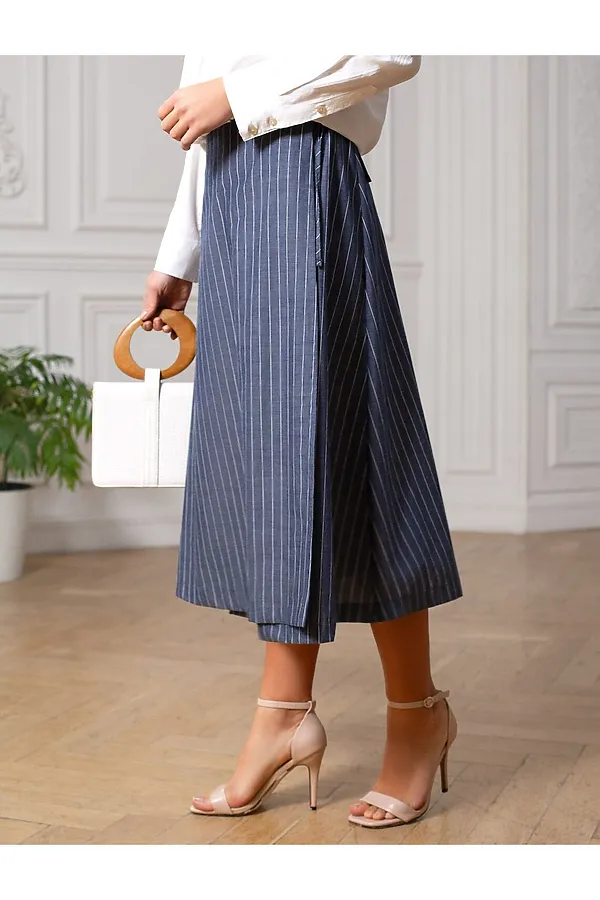 Юбка миди на запАх в полоску из легкого хлопкового поплина VILATTE, серо-синий - фото 1