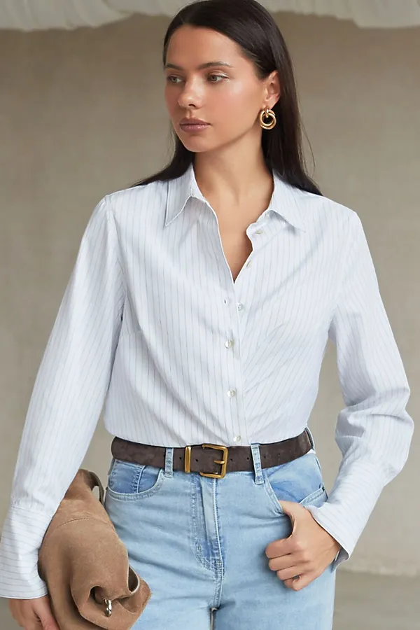 Блузка свободного силуэта в тонкую полоску из эластичного хлопка с добавлением льна VILATTE, белый-синий - фото 1