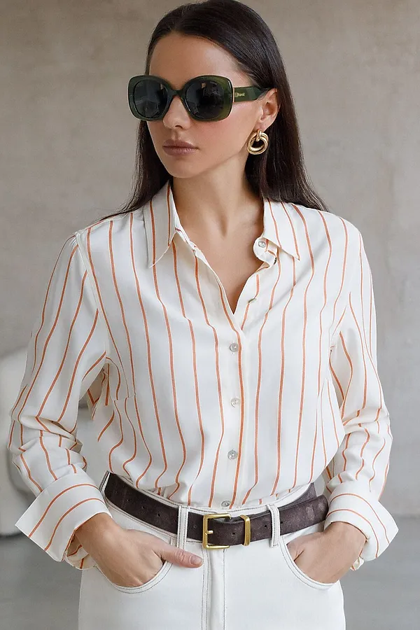 Блузка свободного силуэта в тонкую полоску из эластичного хлопка VILATTE, молочно-коралловый - фото 1