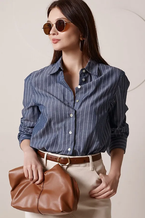 Блузка свободного силуэта в полоску из 100 % хлопка VILATTE, серо-синий - фото 1