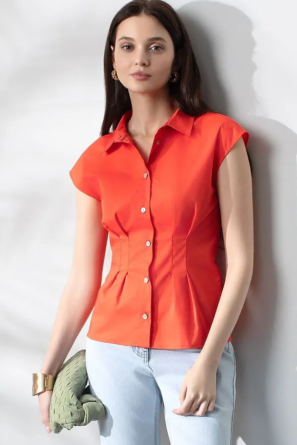 Блузка приталенного кроя с коротким рукавом из легкого хлопкового поплина VILATTE, коралловый - фото 1
