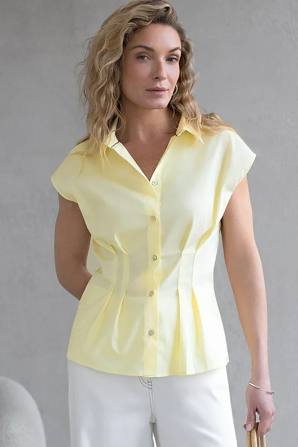Блузка приталенного кроя с коротким рукавом из легкого хлопкового поплина VILATTE, лимонный - фото 1