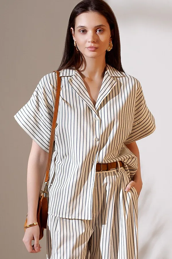 Блузка в полоску с цельнокроеным коротким рукавом из легкого хлопкового поплина VILATTE, молочный-синий - фото 1