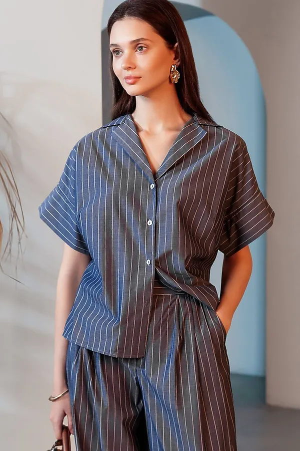 Блузка в полоску с цельнокроеным коротким рукавом из легкого хлопкового поплина VILATTE, серо-синий - фото 1