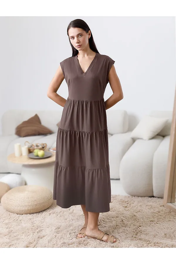 Ярусное платье А силуэта с V вырезом из 100% премиального хлопка VILATTE, кофе - фото 1