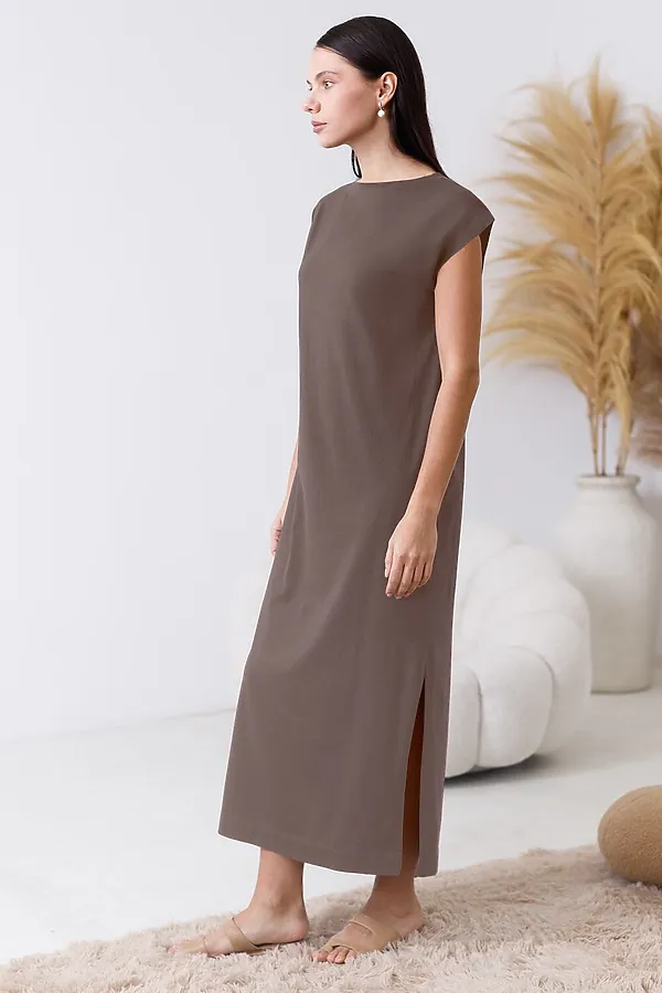 Длинное прямое платье с разрезами из 100% хлопка VILATTE, кофе - фото 1