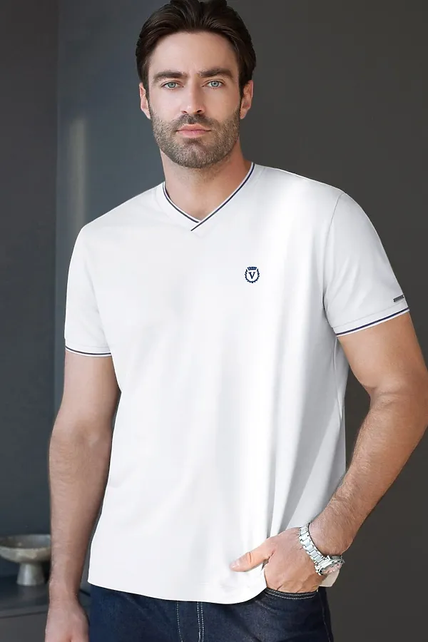 Футболка с V-вырезом из премиального хлопка с эластаном VILATTE, белый с полосой - фото 1