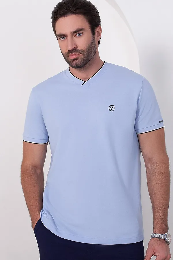 Футболка с V-вырезом из премиального хлопка с эластаном VILATTE, голубой - фото 1