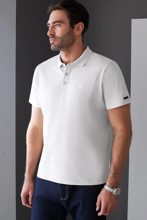 Футболка поло с плетеным воротником на пуговицах из эластичного хлопка VILATTE, белый - фото 1