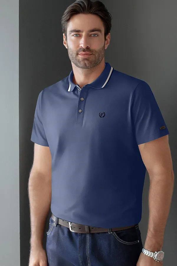 Футболка поло с плетеным воротником на пуговицах из эластичного хлопка VILATTE, св.синий - фото 1