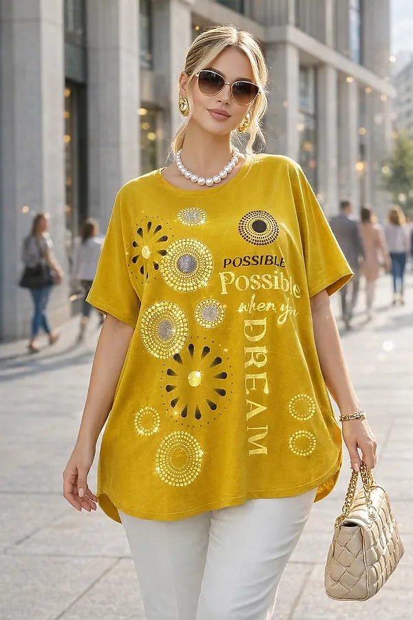 Футболка со стразами Dream Sun арт. F9702 НАТАЛИ, горчичный - фото 1