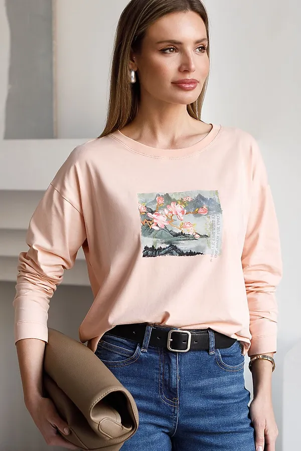 Лонгслив с принтом из премиального хлопка с эластаном VILATTE, пудра_пейзаж - фото 1