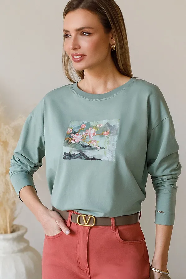 Лонгслив с принтом из премиального хлопка с эластаном VILATTE, св.оливковый_пейзаж - фото 1