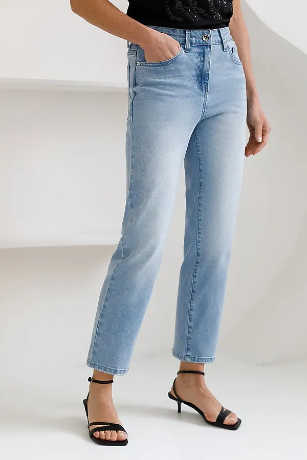 Укороченные джинсы c декоративной стиркой из эластичного плотного денима VILATTE, голубой - фото 1