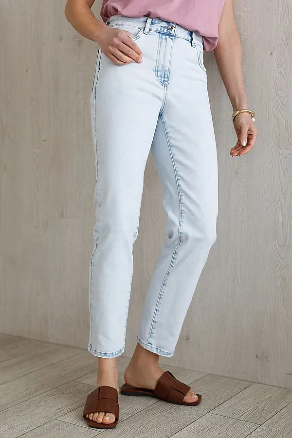 Укороченные джинсы c декоративной стиркой из эластичного плотного денима VILATTE, светло-голубой - фото 1