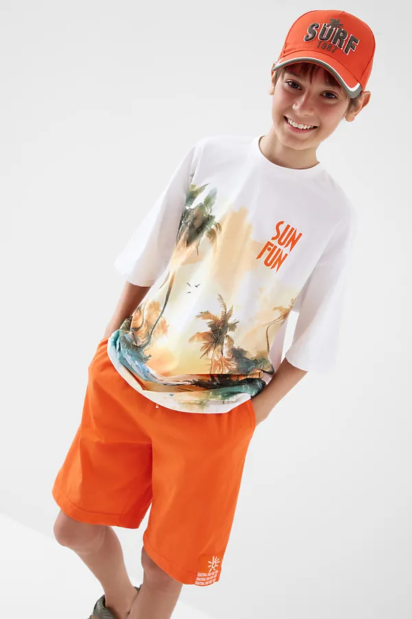 Комплект трикотажный для мальчиков: фуфайка (футболка), шорты PLAYTODAY, белый,оранжевый - фото 1