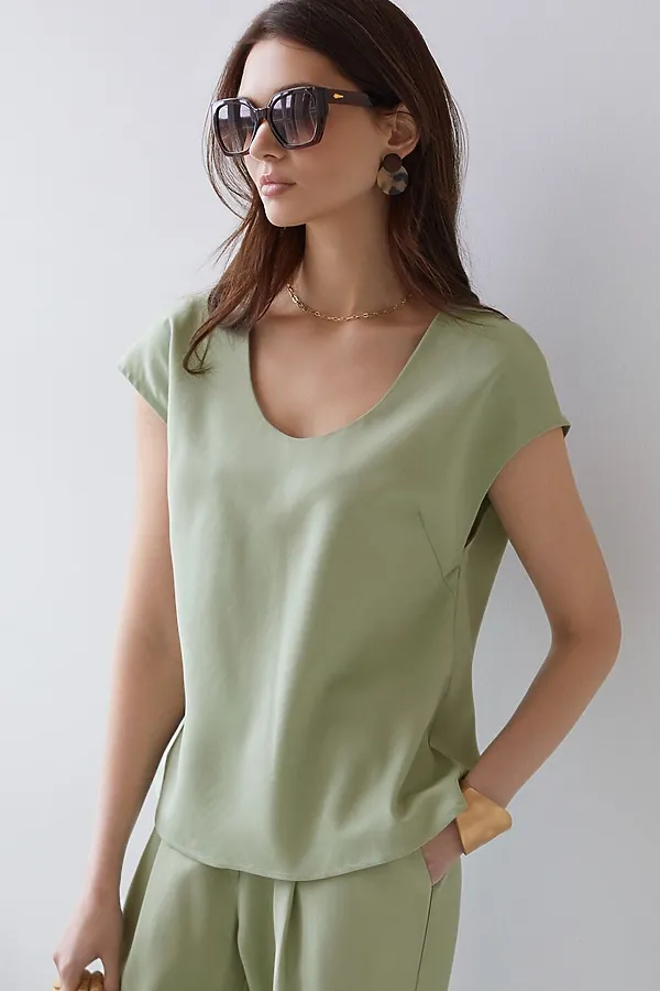 Блузка с U вырезом скроенная по косой из плотного лиоцелла VILATTE, зеленый чай - фото 1
