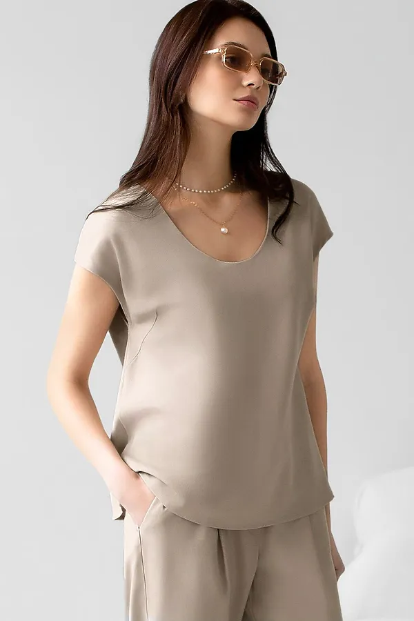 Блузка с U вырезом скроенная по косой из плотного лиоцелла VILATTE, светло-бежевый - фото 1