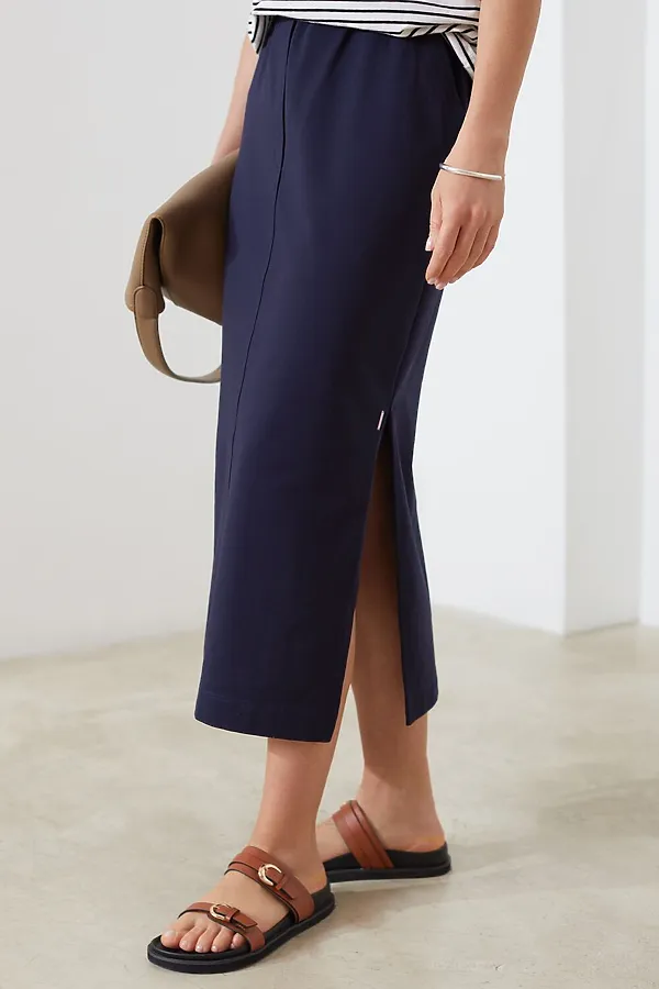 Юбка миди на резинке с разрезами из футера двухнитки с эластаном VILATTE, т.синий - фото 1