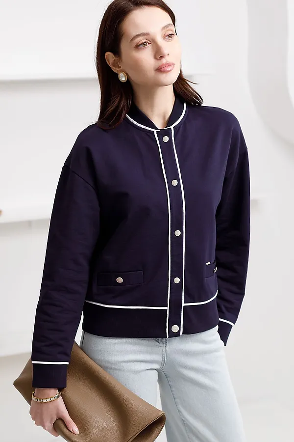 Бомбер среднего объема на пуговицах из футера двухнитки с эластаном VILATTE, т.синий - фото 1