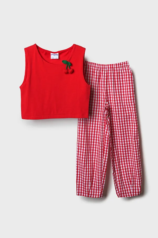 Комплект для девочек: топ трикотажный, брюки текстильные PLAYTODAY, красный,белый - фото 1