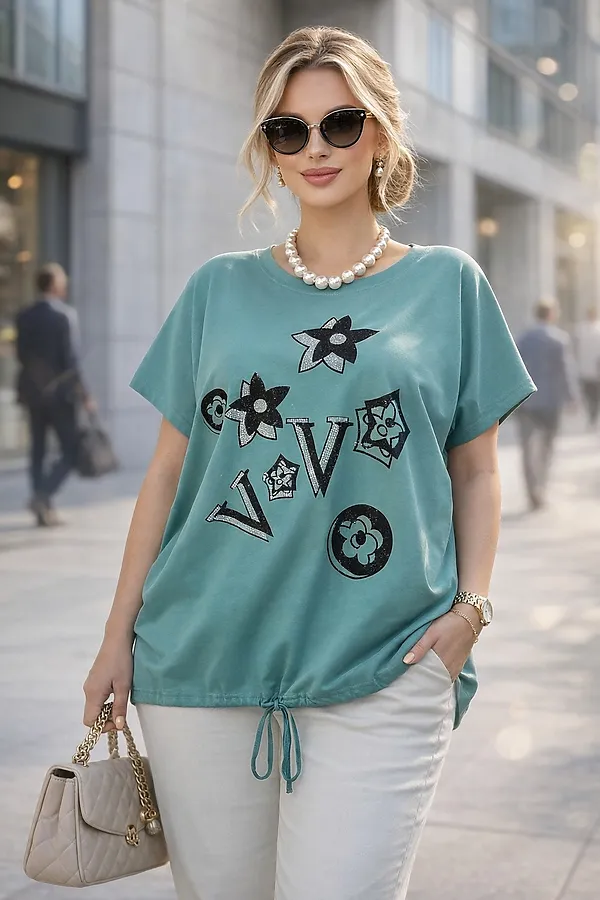 Футболка со стразами Graphic Bloom арт. А1025 НАТАЛИ, бирюзовый - фото 1