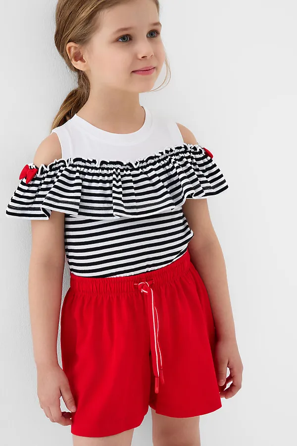 Комплект трикотажный для девочек: джемпер (футболка), шорты PLAYTODAY, белый,красный,черный - фото 1