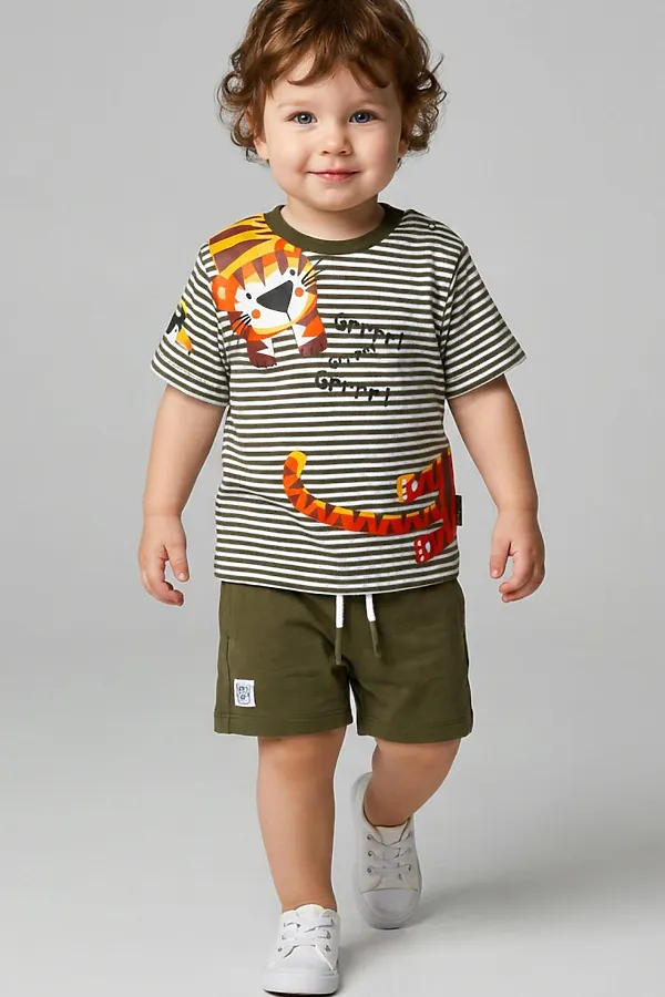Комплект детский трикотажный для мальчиков: джемпер (футболка), шорты PLAYTODAY, белый,темно-зеленый,светло-зеленый - фото 1