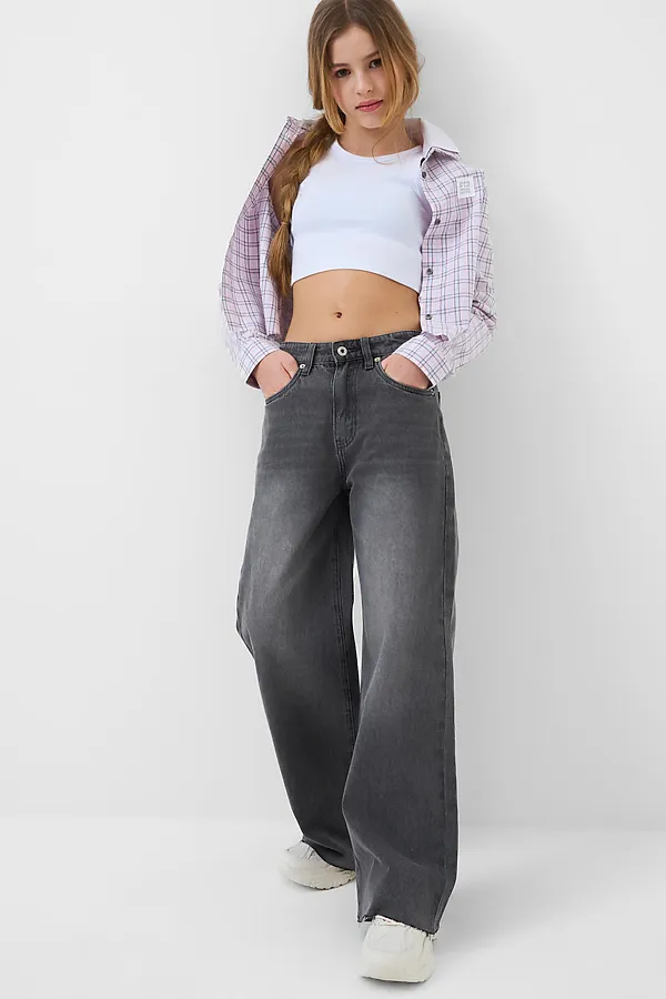 Брюки текстильные джинсовые для девочек PLAYTODAY, черный - фото 1