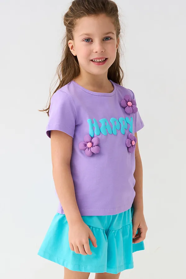 Комплект трикотажный для девочек: фуфайка (футболка), шорты PLAYTODAY, сиреневый,бирюзовый - фото 1